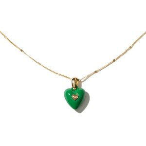 Green Puffy Heart Pendant on Gold Tone Chain Make A Wish Necklace (NWT)